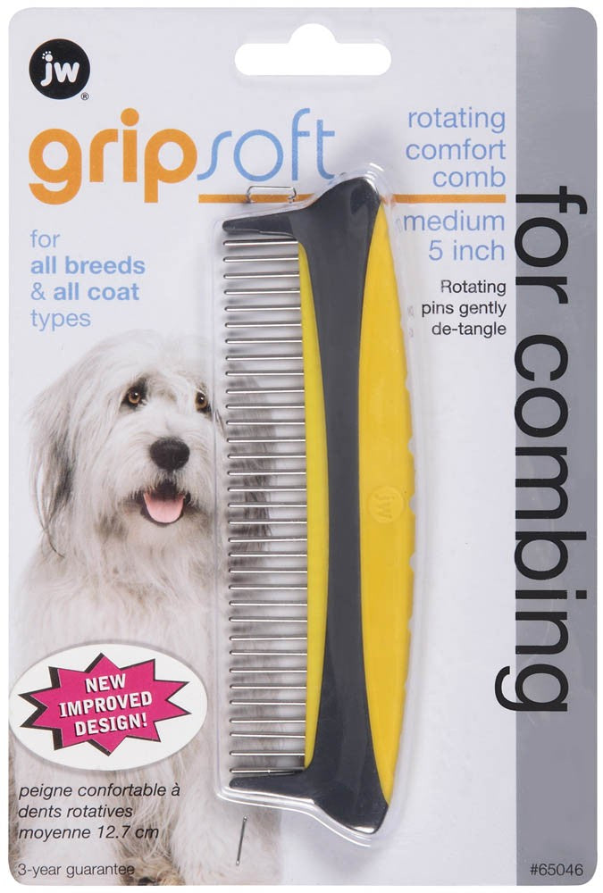 Jw Pet Rotating Comfort Comb Grey, Yellow Medium, 5 In
